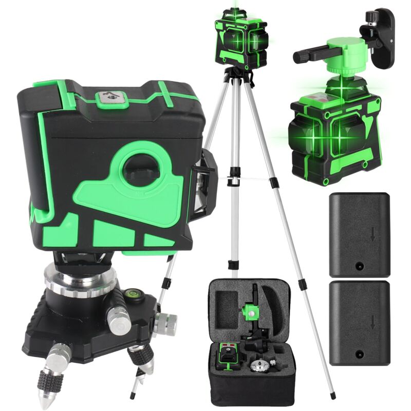 3x360° Selbstnivellierender Grüner Laser, 3d-rotation Mit 12 Linien, Inklusive 2 Batterien, Höhenverstellbarer Verlängerungsstange Und Stativ.