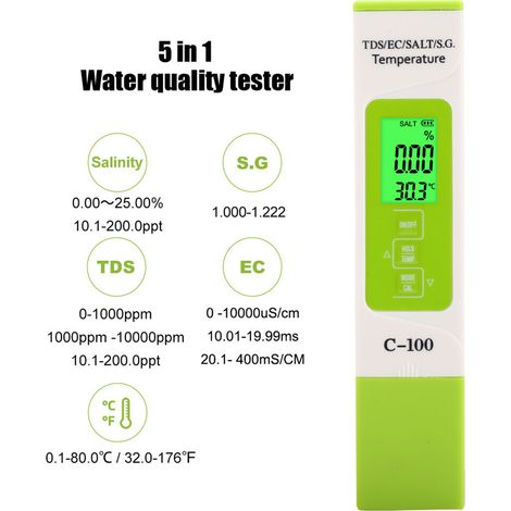 Tragbares Digitales 5-in-1-meerwasserqualitätsmessgerät: Sg/salzgehalt/temperatur/tds/ec Für Schwimmbäder, Aquarien Und Meerwasser