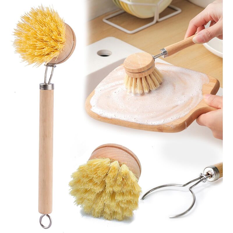 Hochwertige Spülbürste Aus Holz, Spülbürsten-set Mit 2 Ersatzköpfen, Reinigungsbürsten-set Mit Naturborsten Aus Umweltfreundlichen Fasern Für Küche Und Bad