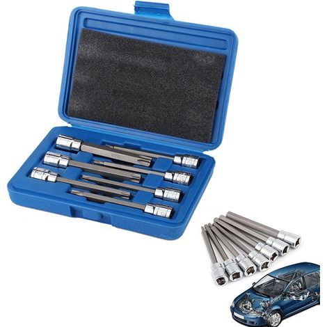 Satz Mit 7 Langen Torx-steckschlüsseln T25 Bis T60 110 X 9,5 Mm Mit Blauem Etui