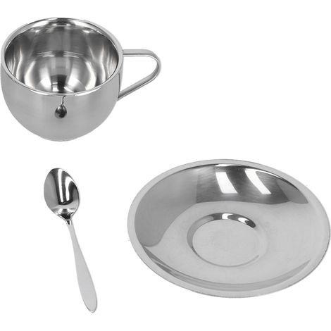 Ovaquixi Doppelwandiges Edelstahl-kaffeetassenset, Kaffeetasse Und Löffelset Für Kaffee, Tee, Milch, 3-teiliges Set (doppelwandiges Design)