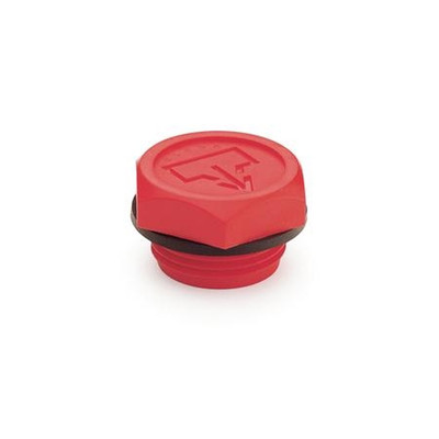 740-M16X1,5 Verschlussschrauben mit DIN-Ablasssymbol, Dichtung aufliegend, Kunststoff, rot