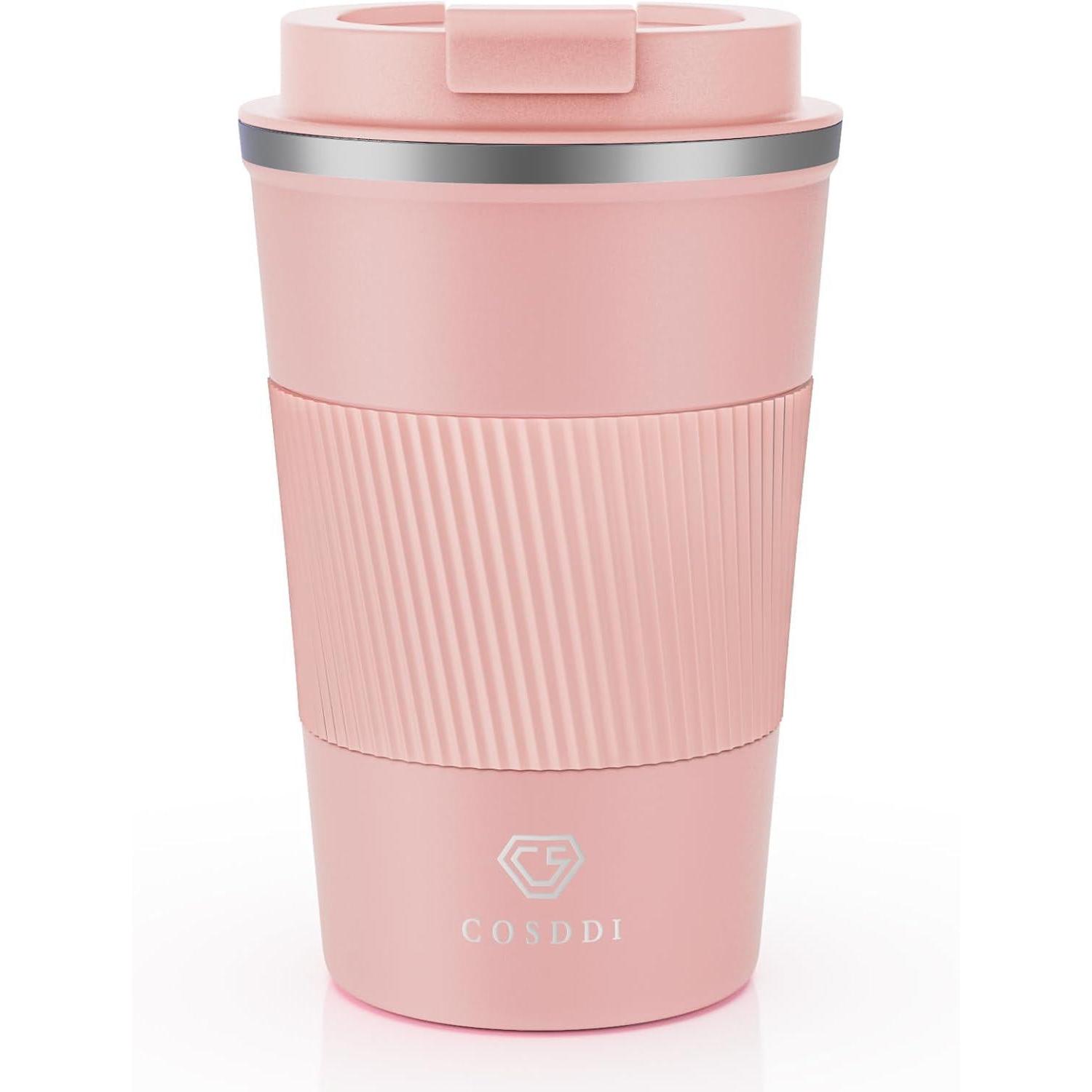 Isolierbecher Edelstahl 380ml Auslaufsicher Reisebecher Mit Deckel, Doppelwandig, Warm/kalt, Hellrosa