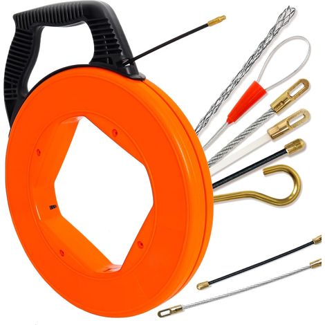 30-m-kabelzieher – Premium-spirale Mit 6 Adaptern – Kabelzug Für Leere Rohre Mit Reißfestem Kabel (4 Mm) – Einziehbare Feder Mit Verbesserter Ausführung