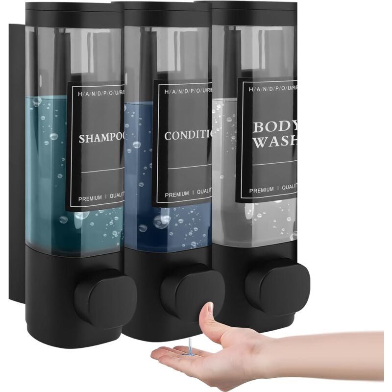 – Set Mit 3 Wandseifenspendern, Je 300 Ml – Bohrfreie Montage – Transparentes Design Für Duschgel Und Shampoo – Schwarzes Abs