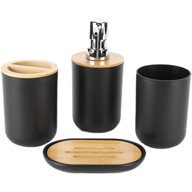 Eosnow 4-teiliges Badezimmer-accessoire-set Aus Bambus, Wasserdicht, Langlebig, Geschenkidee, Zahnbürstenhalter, Für Zuhause Und Hotel, Schwarz