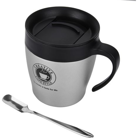 Aqxreight Isolierter Edelstahl-kaffeebecher Mit Löffel Und Deckel, Tragbarer Becher Für Reisen Und Büro (silber)