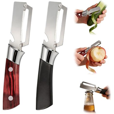 Set Mit 2 Multifunktionalen Gemüseschälern Mit Integriertem Flaschenöffner, Rutschfestem Holzgriff, Müheloses Schälen Von Kartoffeln, Äpfeln, Karotten Und Mehr, Für Küche, Camping Und Familiengebrauch