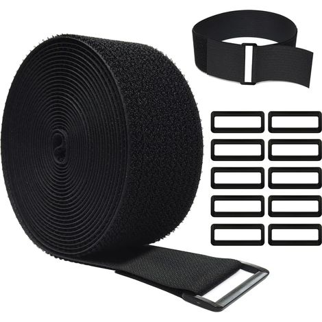 Verstellbare Kabelbinder 5 M X 5 Cm Mit 10 Schlaufen, Schwarz, Wiederverwendbar, Mit Klettverschluss Für Kabelmanagement, Schwarz