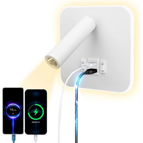 Led-leselampe, Wandleuchte, Usb-c-anschluss, Doppelt Verstellbares Ladegerät, Mundschalter, 12-w-led-spot, 3000 K, Schwenkbare Aluminium-bettlampe (weißes Quadrat) [energieklasse