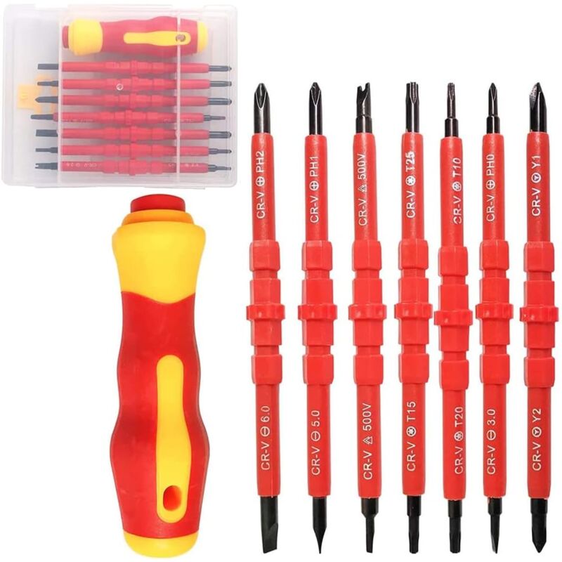7-teiliges Isoliertes Schraubendreher-set, Austauschbare Schraubendreher, Isolierte Elektriker-schraubendreher, 14-in-1-schraubendreher-set Aus Chrom-vanadium-stahl Mit Softgriff Für Elektrikerreparat