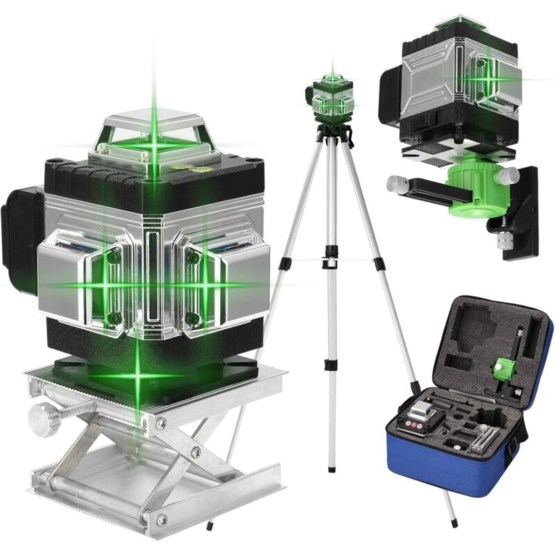 – 4d-laser-nivelliergerät Mit 16 Linien Und 360°-drehung – Selbstnivellierung Bis 3° – Akkubetrieben – Stativ Und Fernbedienung Im Lieferumfang Enthalten