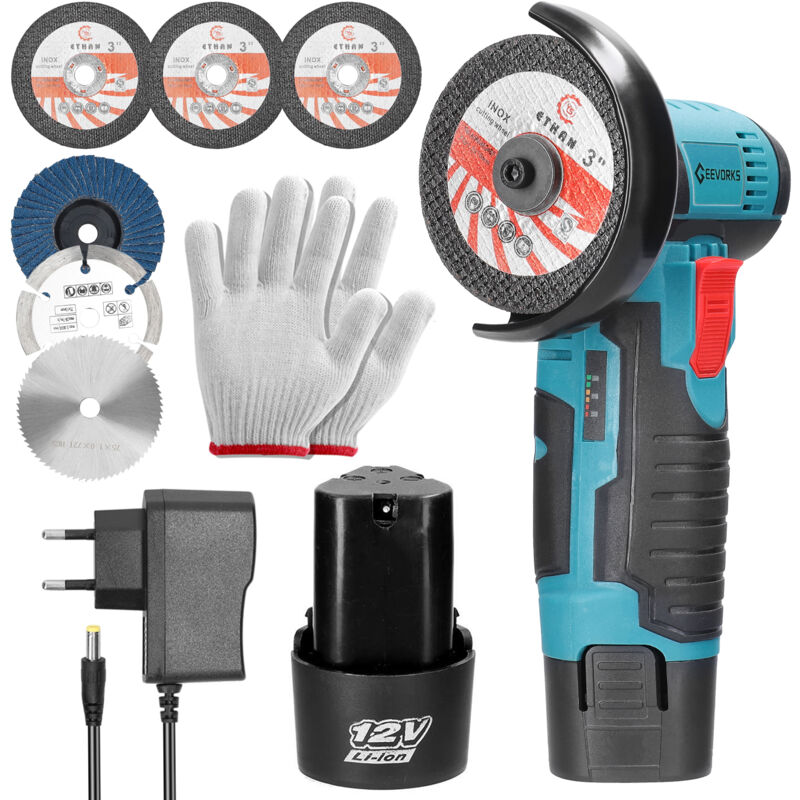 – 12-v-akku-mini-winkelschleifer Mit 2 X 2000-mah-akkus – 19500 U/min Drehzahl – 75-mm-sägeblatt Für Präzises Schneiden – Ergonomisches Werkzeug