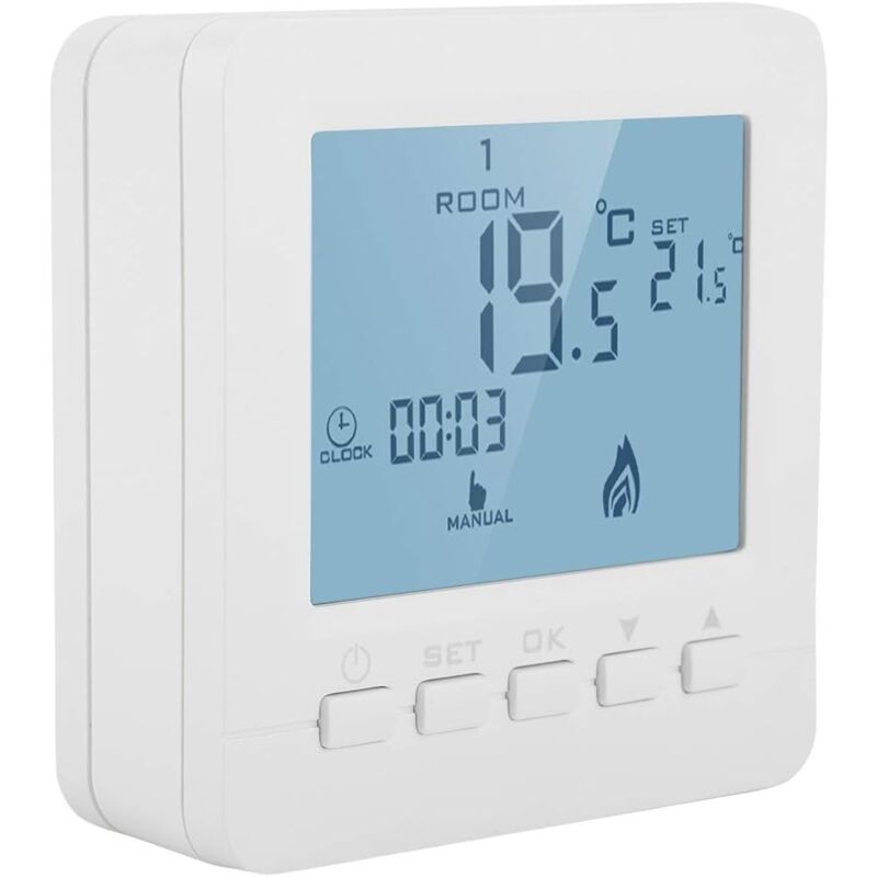 – Programmierbarer Funkthermostat (230 V) – Flammhemmendes Polycarbonat – Wochenprogrammierung – Urlaubsmodus – Genauigkeit: 0,5 °c – 230 V Wechselstrom