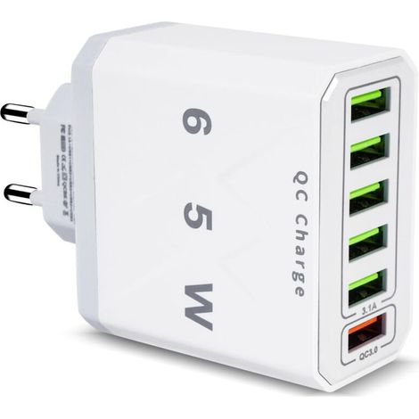 Aimoonsa – 65-w-usb-ladegerät Mit 6 Anschlüssen Und Qc 3.0 – Schnellladen Für Iphone 15/14/13/12/11/se/xr, Ipad, Samsung – Integriertes Schutzsystem