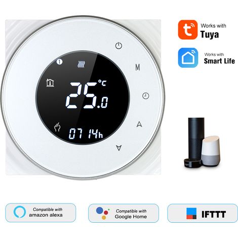 Programmierbarer Gasheizungsthermostat, Potentialfreier Temperaturregler, Lcd-touchscreen Mit Hintergrundbeleuchtung, Sprachsteuerung Kompatibel Mit Amazon Echo / Home / Ifttt