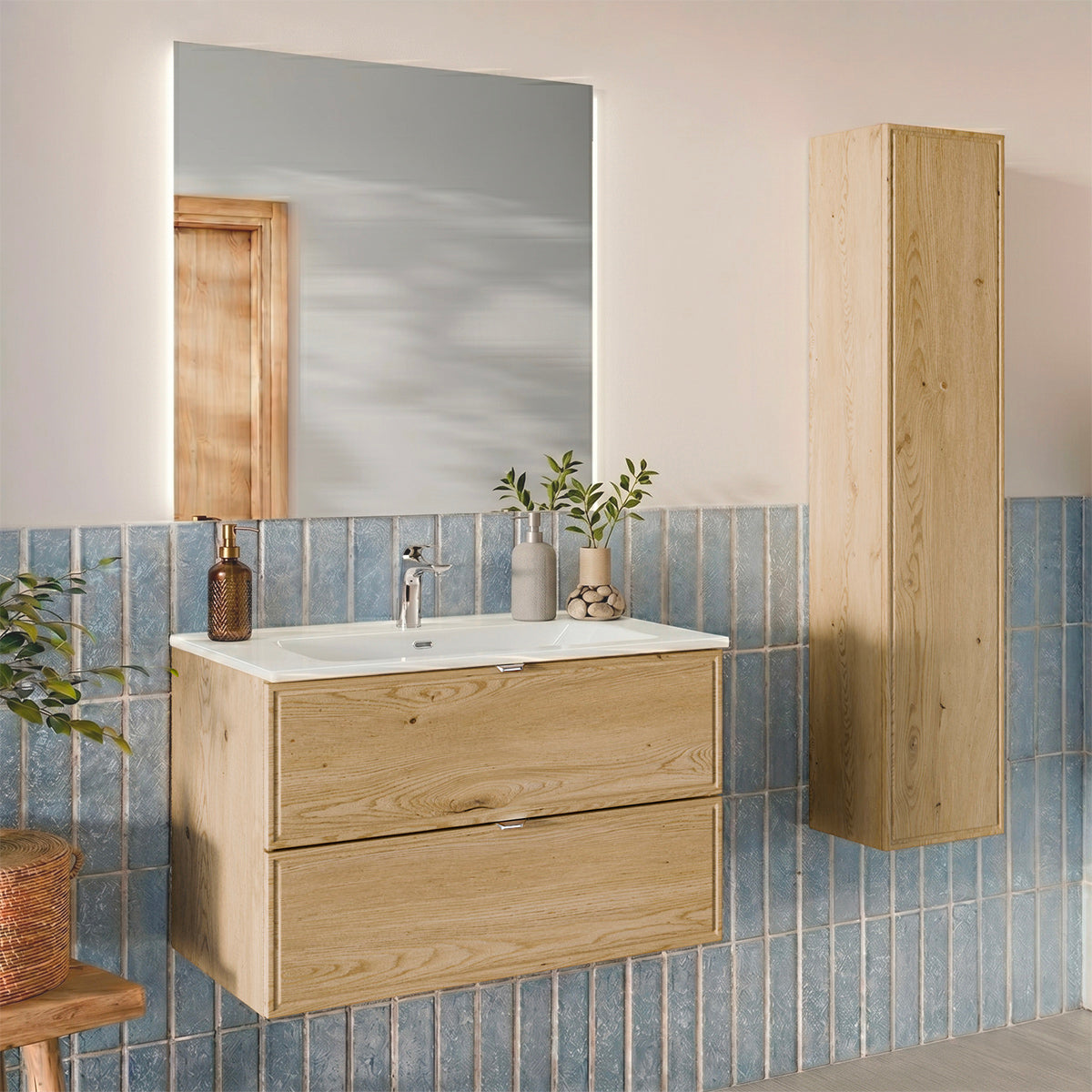 Set Aus Einzelmöbel, Einbauwaschbecken 80cm Und Säule Elias Holz