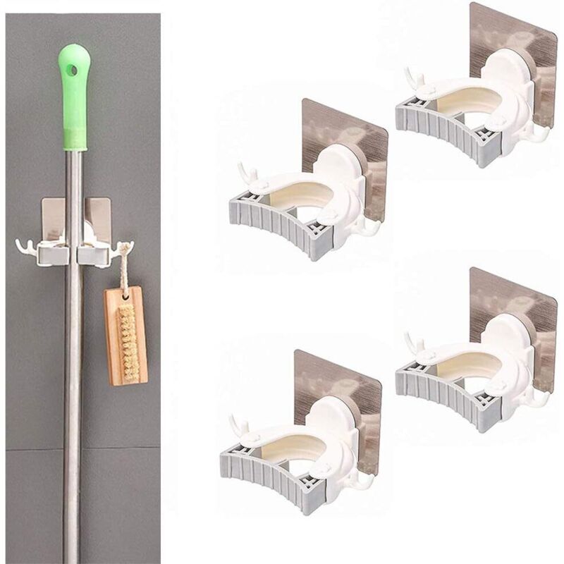4-teiliger Besenhalter, Selbstklebender Mopphalter Mit Haken, Selbstklebendes Wandregal, Werkzeugorganizer Mit Federclips Für Küche, Balkon, Garage, Grau