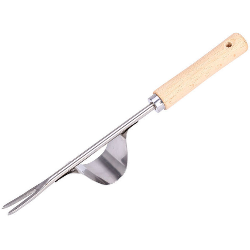 Handunkrautstecher Aus Edelstahl Mit Holzgriff. Werkzeug Zum Schnellen Jäten Von Erde Und Garten. Y-förmiger Handunkrautstecher, Auch Racone-gabel Genannt.