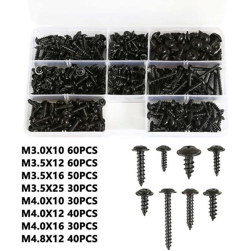340 Selbsttragende Schwarze Blechschrauben, Selbstrostende Kohlenstoffstahlschrauben, Flachkopfschrauben, Kreuzschlitzschrauben Für Holz, Größe: M3,0–m4,8