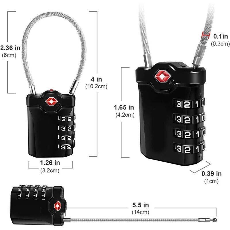 4-stelliges Zahlenschloss Für Gepäck, Koffer, Reiseschließfächer Und Spinde In Der Uni Mit Alarmfunktion Bei Geöffnetem Gepäck Und Stahlkabel (schwarz) – 1 Stück – Fei Yu