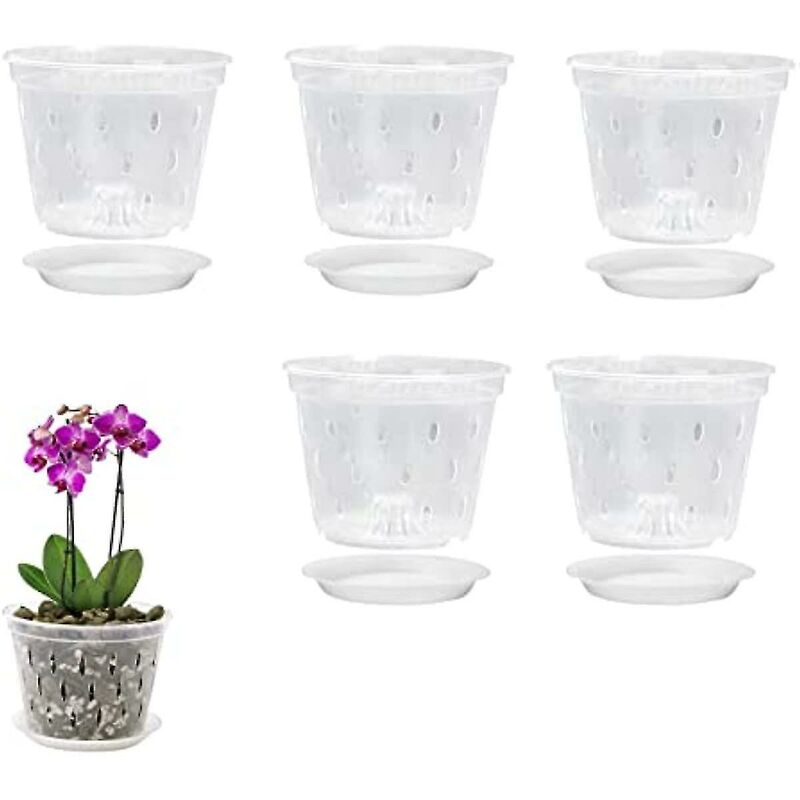 Crea 5-zoll-orchideentöpfe Aus Transparentem Kunststoff Mit Abflusslöchern Und Untersetzern, Atmungsaktive, Geschlitzte Orchideenpflanzgefäße Aus Kunststoff, Für Den Innen- Und Außenbereich, 5er-pack