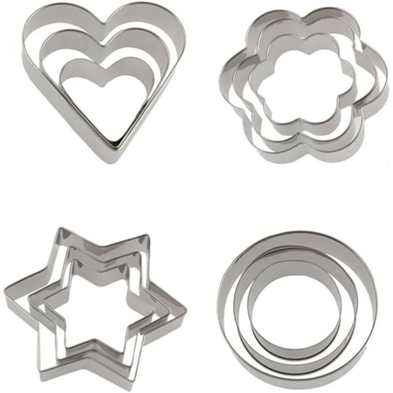 Set Mit 12 Ausstechformen, Metall-ausstechformen, Edelstahl-ausstechformen, Fondant-ausstechformen, Herz, Stern, Kreis, Blume - Fei Yu