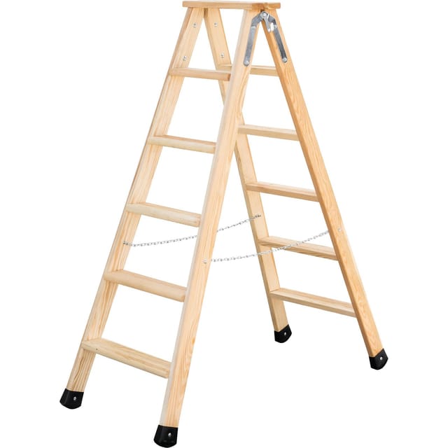 Stufen-Stehleiter Holz, beidseitig begehbar, 2x6 Stufen