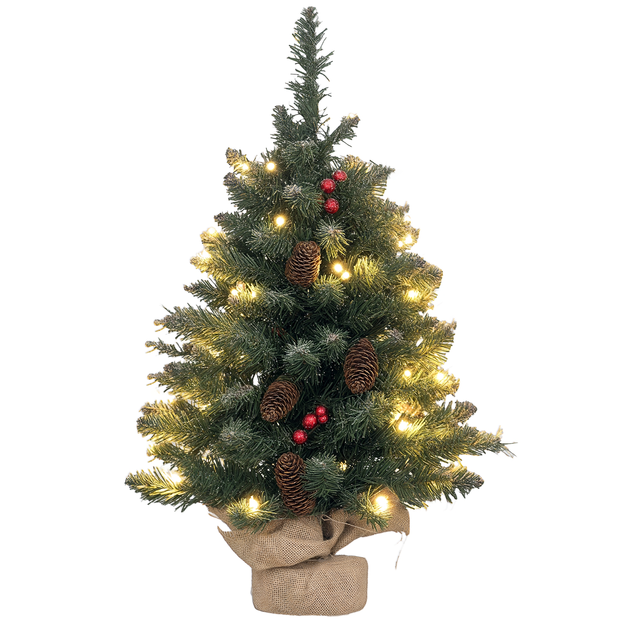 Weihnachtsbaum Mit Led-beleuchtung, 60 Cm, Tannenzapfen Und Roten Beeren, Inklusive Ständer, Grün Und Weiß