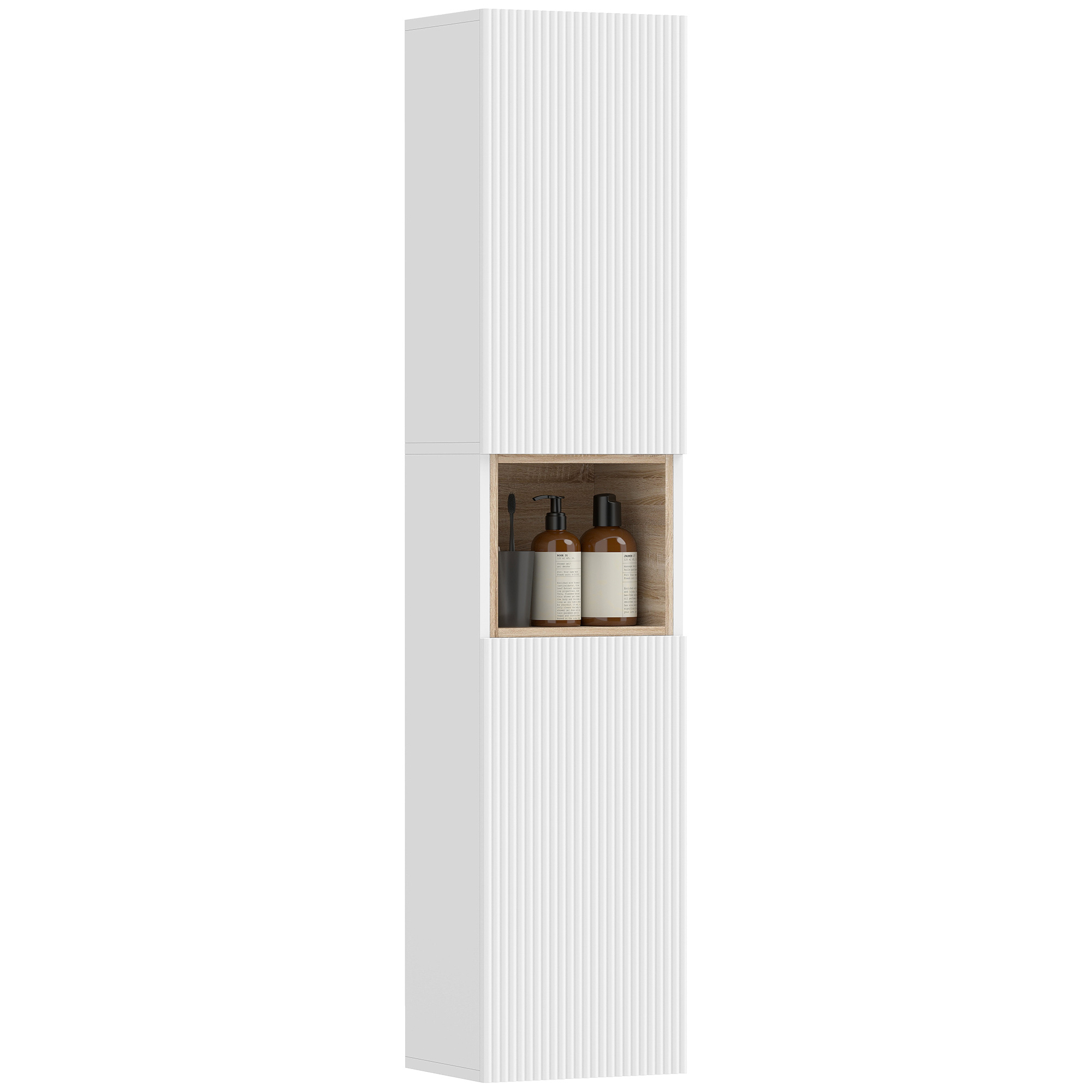 Badezimmerschrank Mit 2 Türen, Offenem Fach Und Verstellbaren Einlegeböden, Aus Holz, 30 X 24 X 140 Cm, Weiß