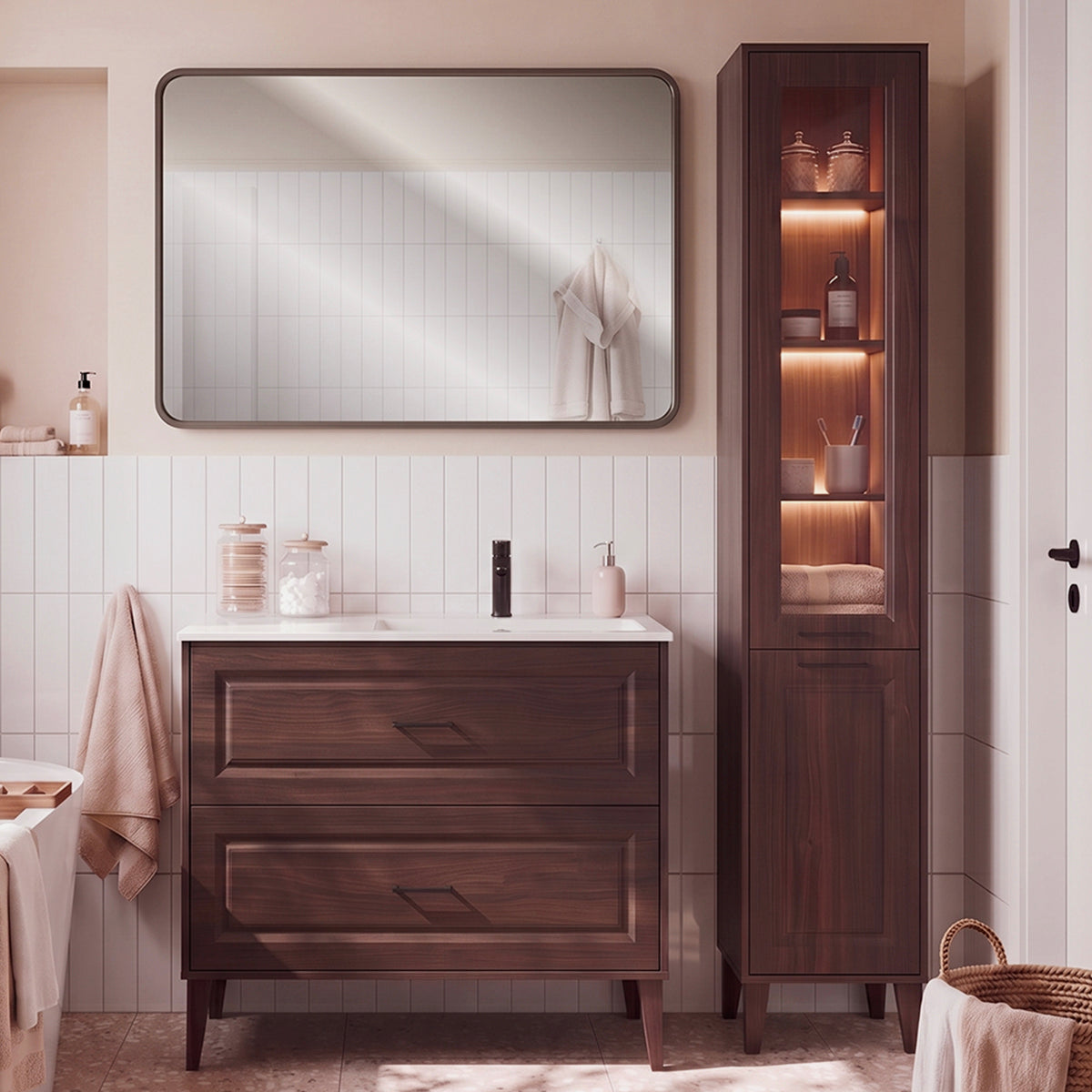 Waschtisch-set Einzelwaschbecken Einbau Rechts 100 Cm Und Hochschrank Moka Dunkles Holz