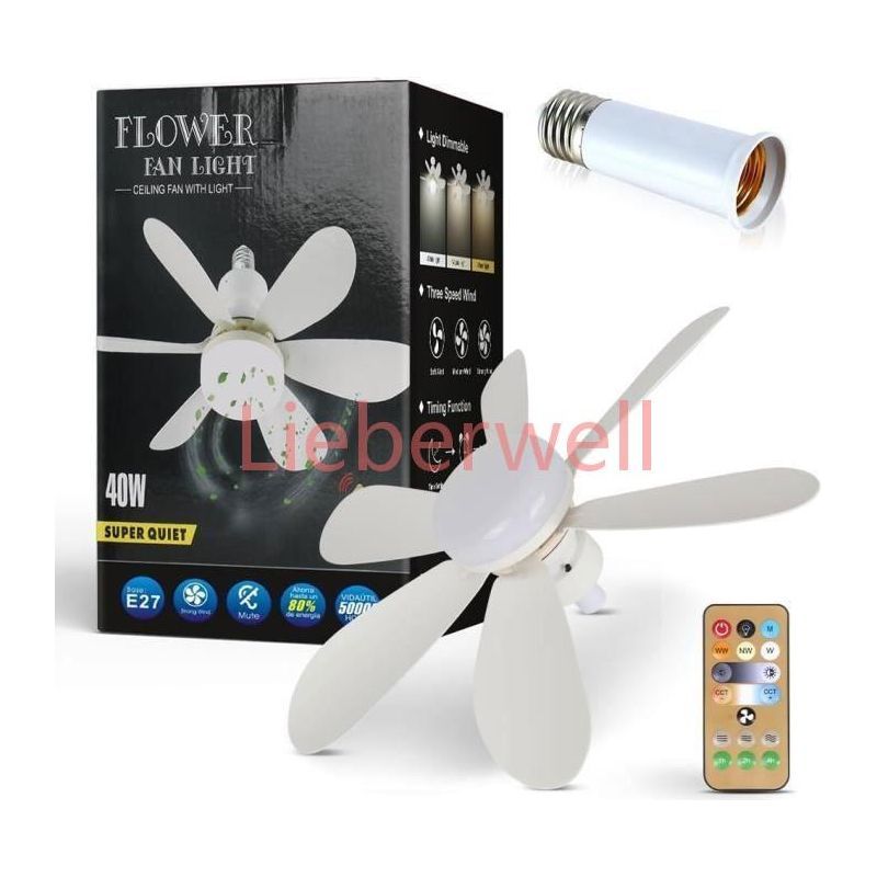 Deckenventilator Mit E27-fassung, Dimmbarem Kopf, Deckenventilatorfuß Mit Fernbedienung Und 3 Temperaturstufen