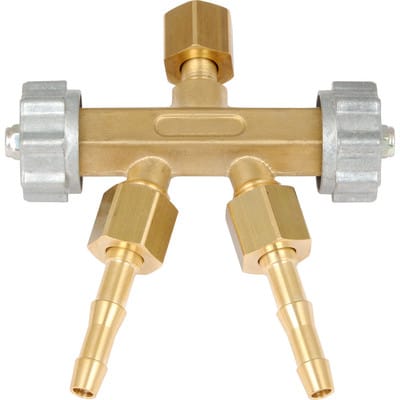 Doppelabzweigventil mit Tüllen und Muttern IG 3/8" links für Brenngas