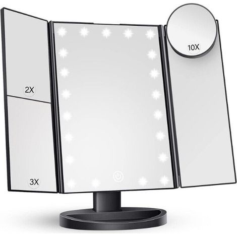 Beleuchteter Kosmetikspiegel Mit 22 Leds, Zwei Stromversorgungen (1x/2x/3x/10x Vergrößerung), Einstellbare Vergrößerung, 180° Verstellbarer Winkel, Reisekosmetikspiegel, Schwarz