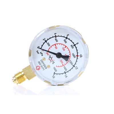 Arbeitsdruckmanometer (Sauerstoff) ø63mm, 0-16 lt./Min., AG 1/4" unten, Druckreg
