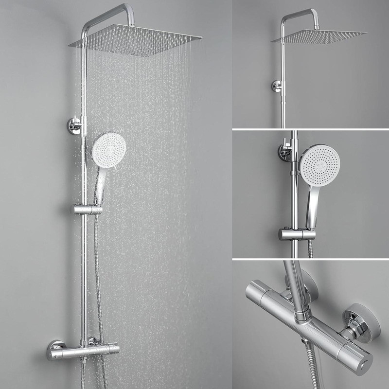 Set Doccia Cromato Con Miscelatore Termostatico Quadrato 30 X 30 Cm, Soffione Tondo A 5 Getti