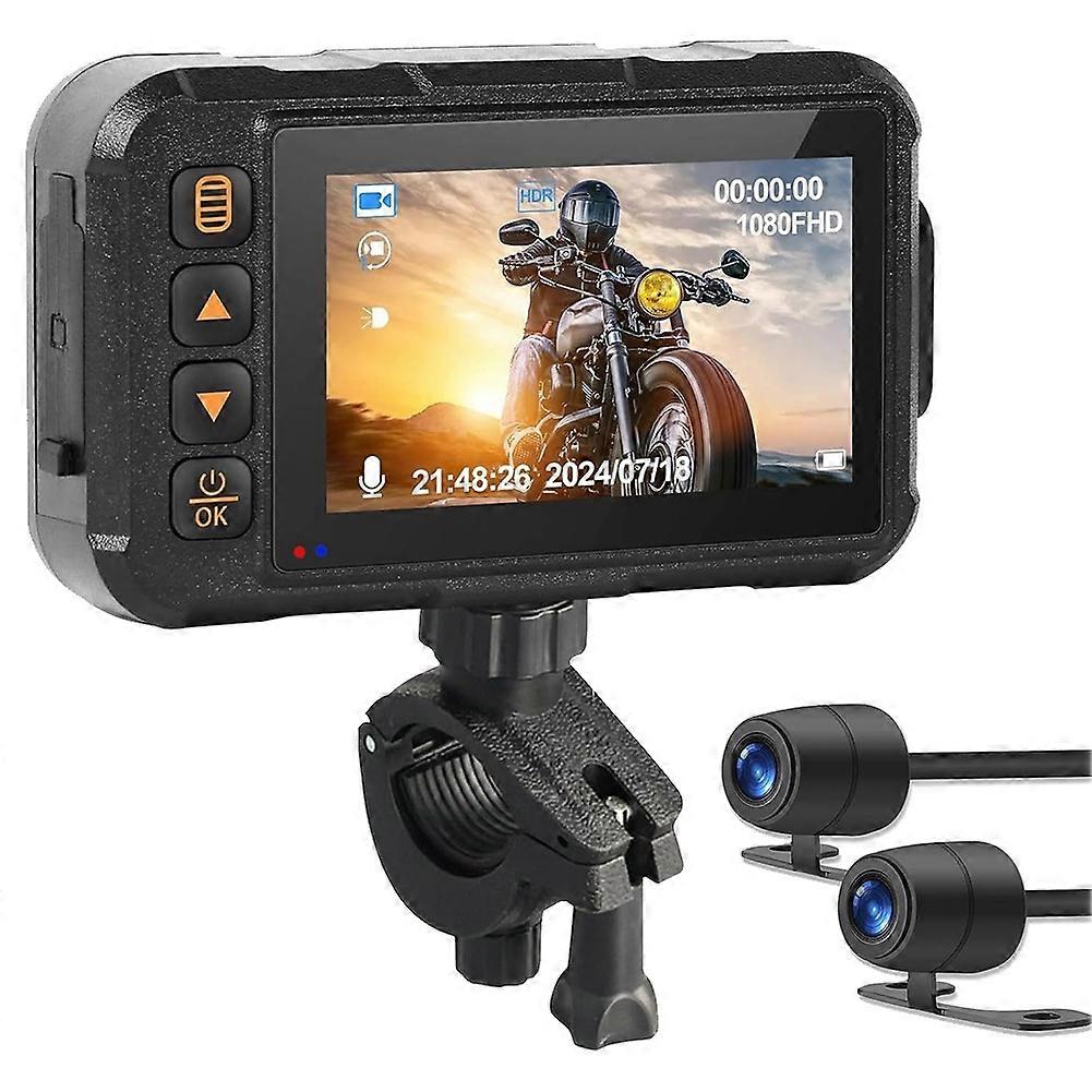 Motorrad-dashcam Mit Zwei Linsen, 3-zoll-bildschirm, Wasserdichtem Videorecorder, G-sensor, Nachtsicht Und Loop-aufnahme.
