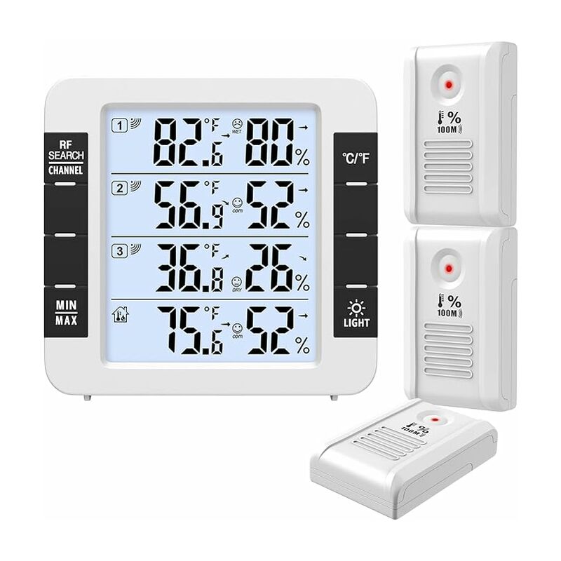 Innen-/außenthermometer, Intelligentes Thermometer Mit 3 Kabellosen Sensoren, Überwachung Von Luftfeuchtigkeit Und Temperatur (℃/℉), Aufzeichnung Von Max Und Min, Anzeige Von Trend- Und Komfortanzeige