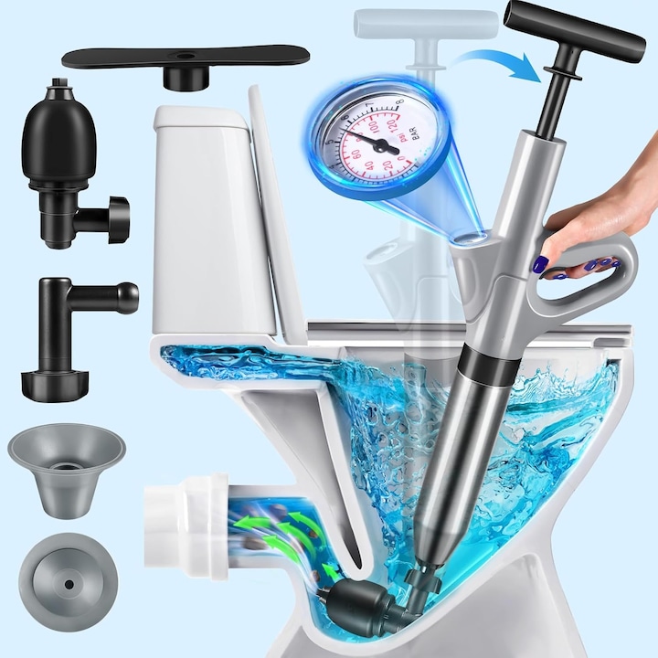 Littledomi Druckluftpumpe Zur Reinigung Verstopfter Abflüsse In Waschbecken, Badewanne, Dusche, Kanalisation, Toilette Und Sanitäranlagen, Inklusive 4 Zubehörteilen, Pumpe, Abs/edelstahl, Mit Manomete