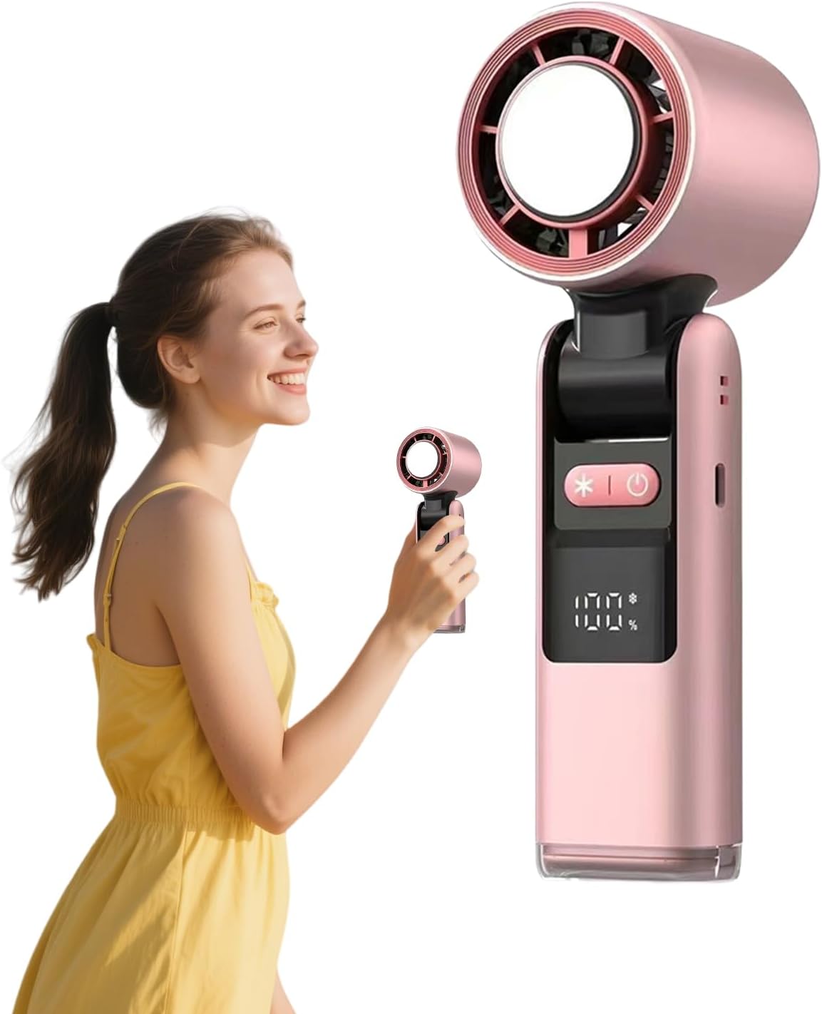 Tragbarer Ventilator Mit Eiskühler, 100 Geschwindigkeiten, Faltbarer Handventilator Mit Led-anzeige, 4000-mah-akku, Wiederaufladbar Über Usb, Für Reisen, Outdoor, Camping, Pink
