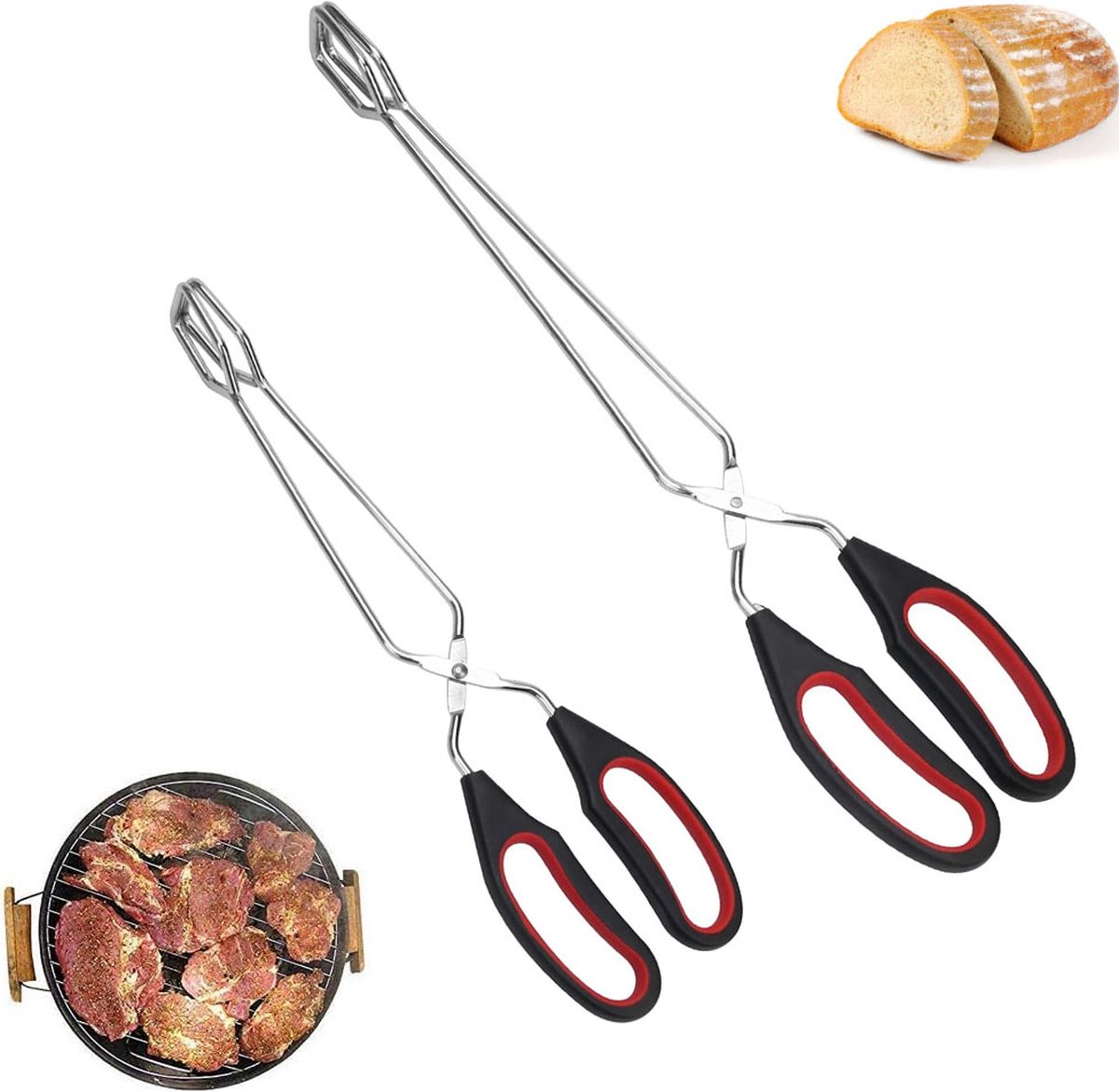 Grillzange - 2er-set - Fleischzange - Küchenzange - Fleischpinzette - Servierzange - Küchenpinzette - Scherenzange - Brotzange - Holzkohlezange - Grillzubehör - Küchenhelfer - Komfortabler Griff