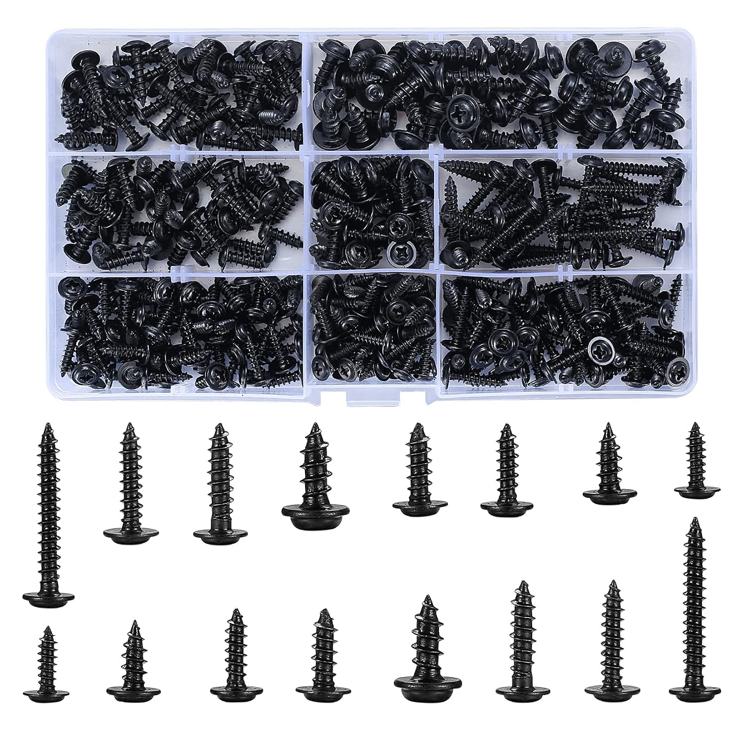 350 Stück Selbstschneidende Schrauben, Selbstbohrende Schrauben Aus Kohlenstoffstahl, Schwarze Holzschrauben, Rundkopfschrauben-set, Flachkopf-kreuzschlitzschrauben Für Weichholzmetall – 8 Spezifikati