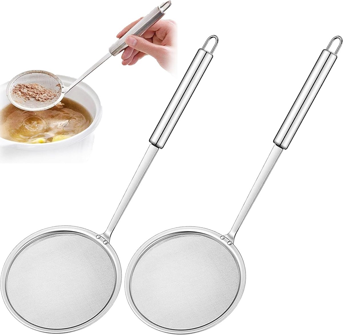 Schaumlöffel - 2 Stück - Frittierlöffel - Frittierkelle - Sieb - Abtropflöffel - Zum Abtropfen Von Kartoffeln/gemüse/nudeln - Kochzubehör - Küchenhelfer - Hängend - Mit Griff - Ø 10 Cm - Silber