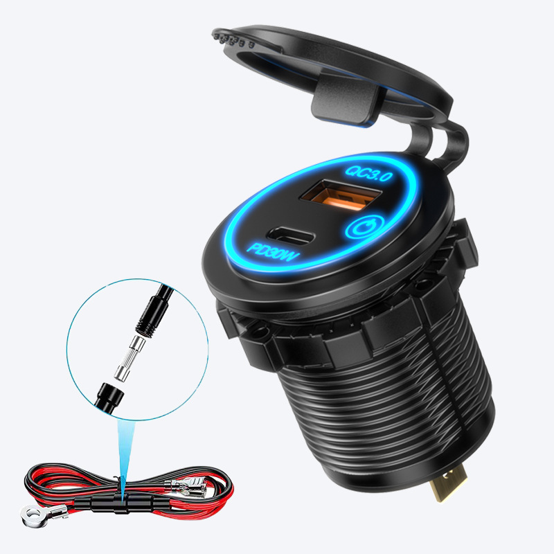 Wasserdichtes Dual-port-3.0-ladegerät (12 V/24 V) Mit Usb- Und Usb-c-anschlüssen, Touch-schalter Für Auto, Boot Und Wohnmobil, Blau
