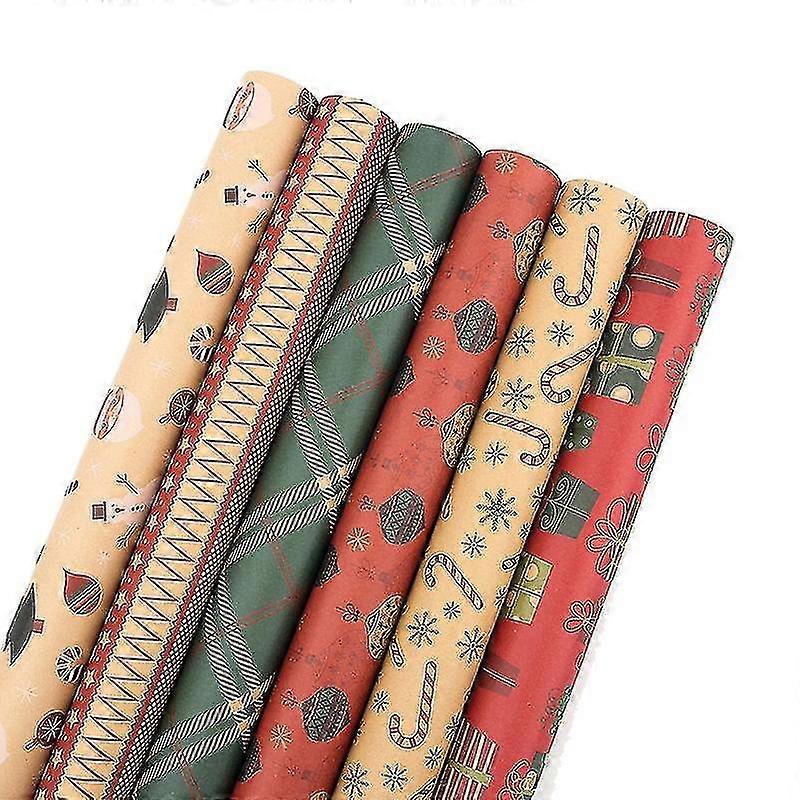 Weihnachtsgeschenkpapier 6 Stück, 70x50cm Kraftpapier Mit 6 Einzigartigen Designs, Mit Juteseil Und