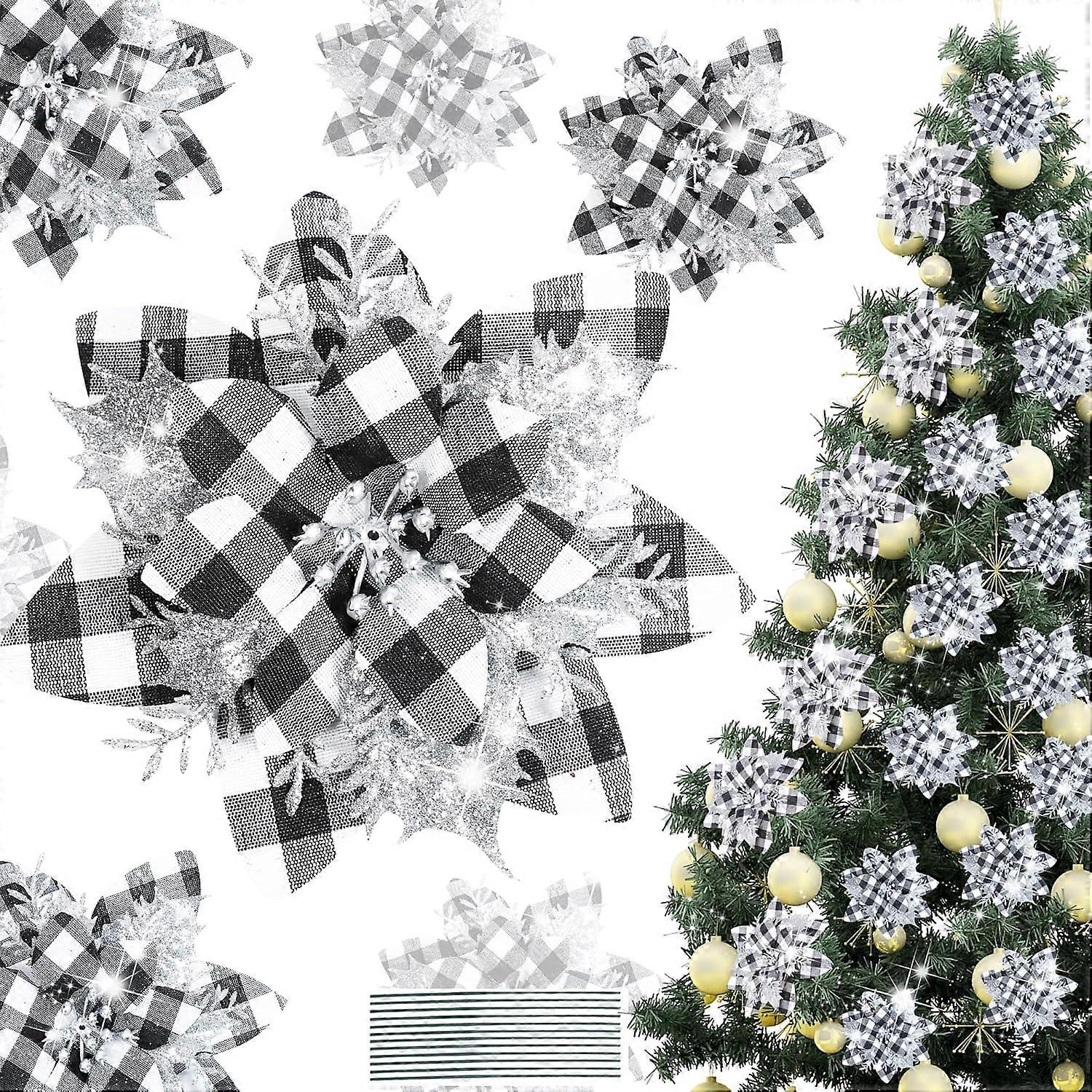 Aura 16 Stück Weihnachtsdekorationen, Glitzernde Künstliche Blumen, Für Neujahr, Hochzeit, Weihnachtskranz, Zuhause, Party, Dekoration (schwarz Und Weiß)