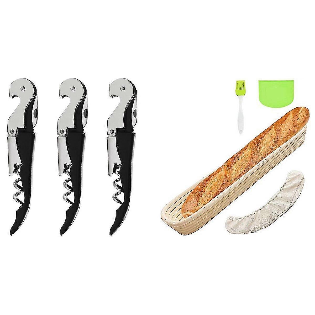 1 Set Baguette-backschalen, Ovaler Brot-banneton-gärkörbchen Und 3er-pack Robuster Win-korkenzieher