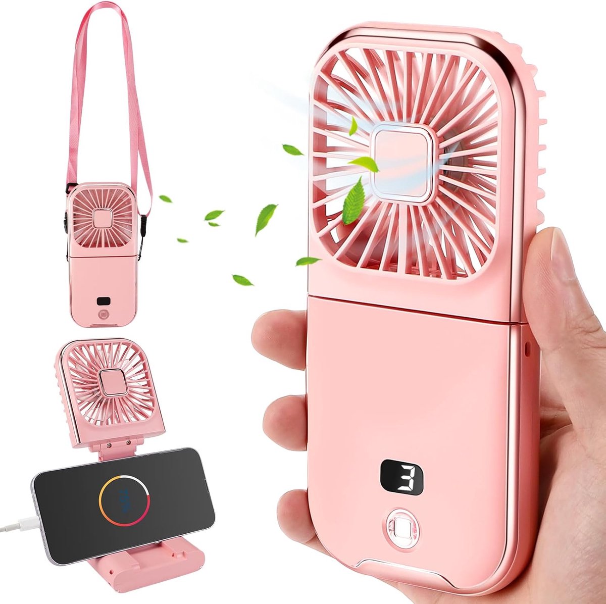 Handventilator Mit Powerbank (3000 Mah) - Tragbarer Mini-ventilator - Kleiner Usb-ventilator - Wiederaufladbarer Akku - Digitalanzeige - Faltbar Mit Display - Für Zuhause, Camping Und Reisen
