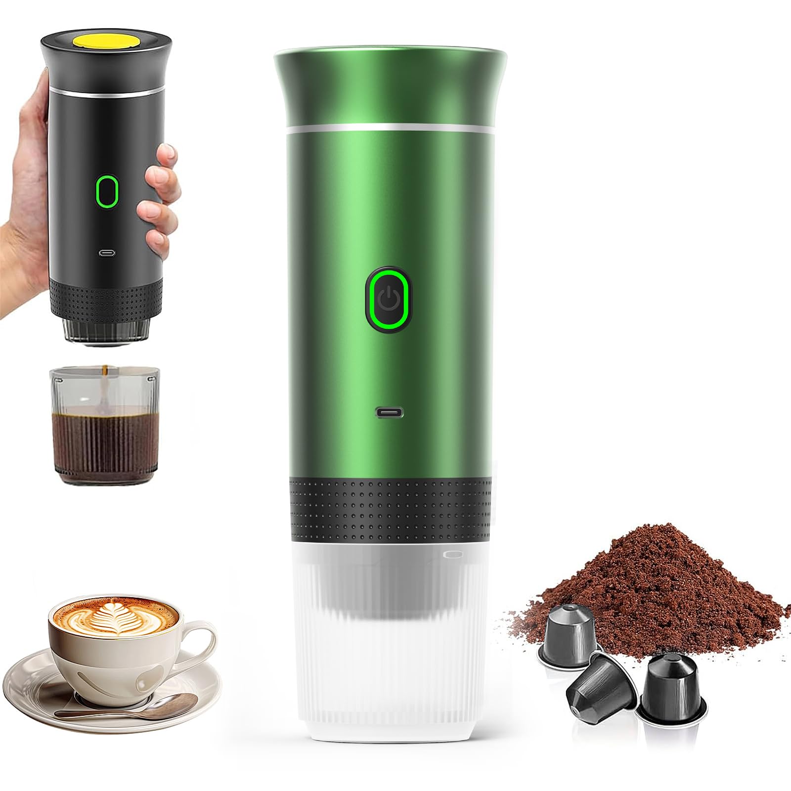 Tragbare Reisekaffeemaschine, 3-in-1 Schnellaufheizende Tragbare Kaffeemaschine 12 V, 4-6 Minuten Selbsterhitzung, Große Kapseln, Gemahlener Kaffee, Für Camping, Büro, Zuhause, Auto, Grün