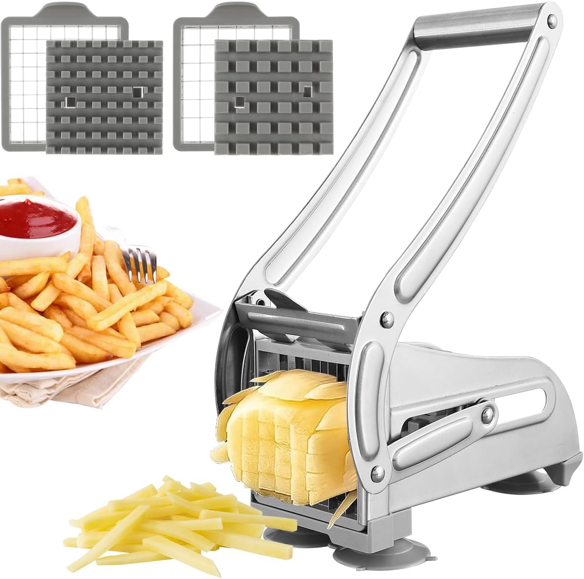 Kartoffelschneider, Professioneller Pommes-frites-schneider, Edelstahl-pommes-frites-schneider Mit 2 Ersatzklingen, Rutschfester Manueller Pommes-frites-schneider, Pommes-frites-schneider